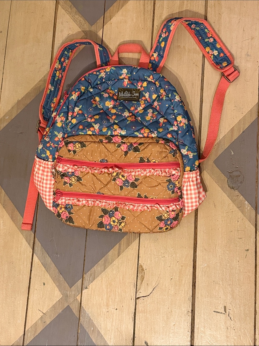 Matilda Jane Quilted Floral Mini Backpack in Blue, Brown & Coral